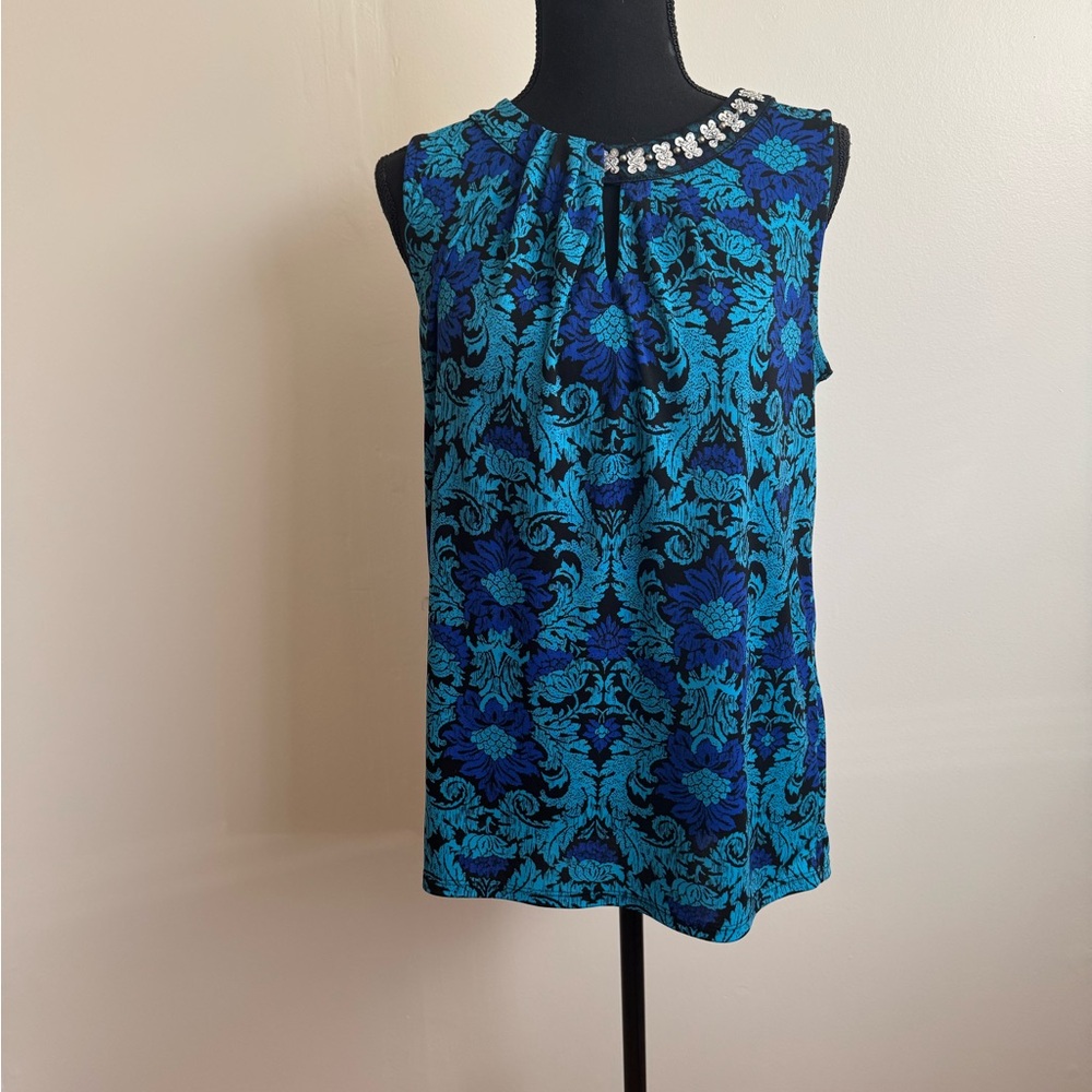 Roz & Ali Blue Floral Beaded Sleeveless Round Neck Tunic Blouse Size M NWOT